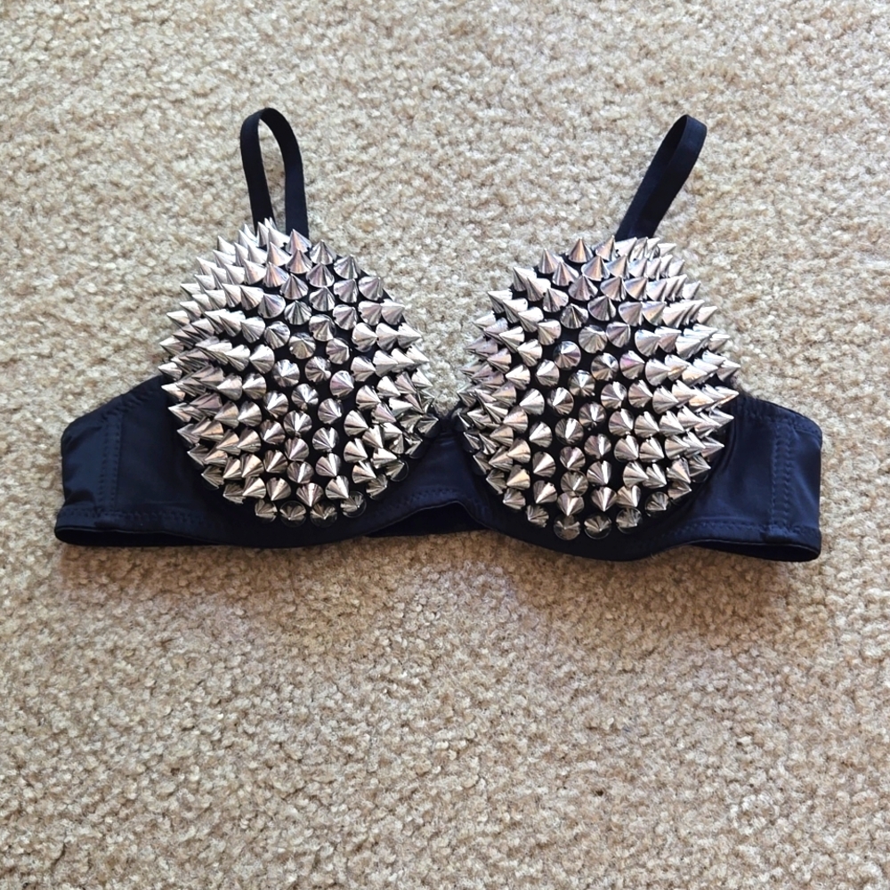 Goth Silver Black Spike Bra XS